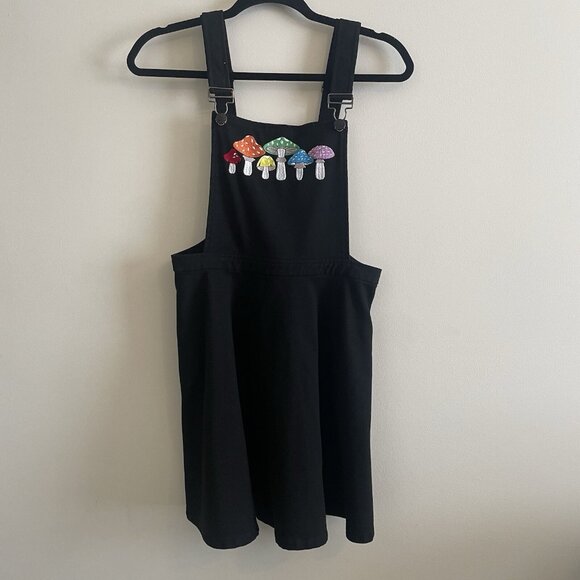 Hot Topic Dress Skirtall Black Embroidered Rainbow Mushroom Goth Medium Overalls - Picture 1 of 13